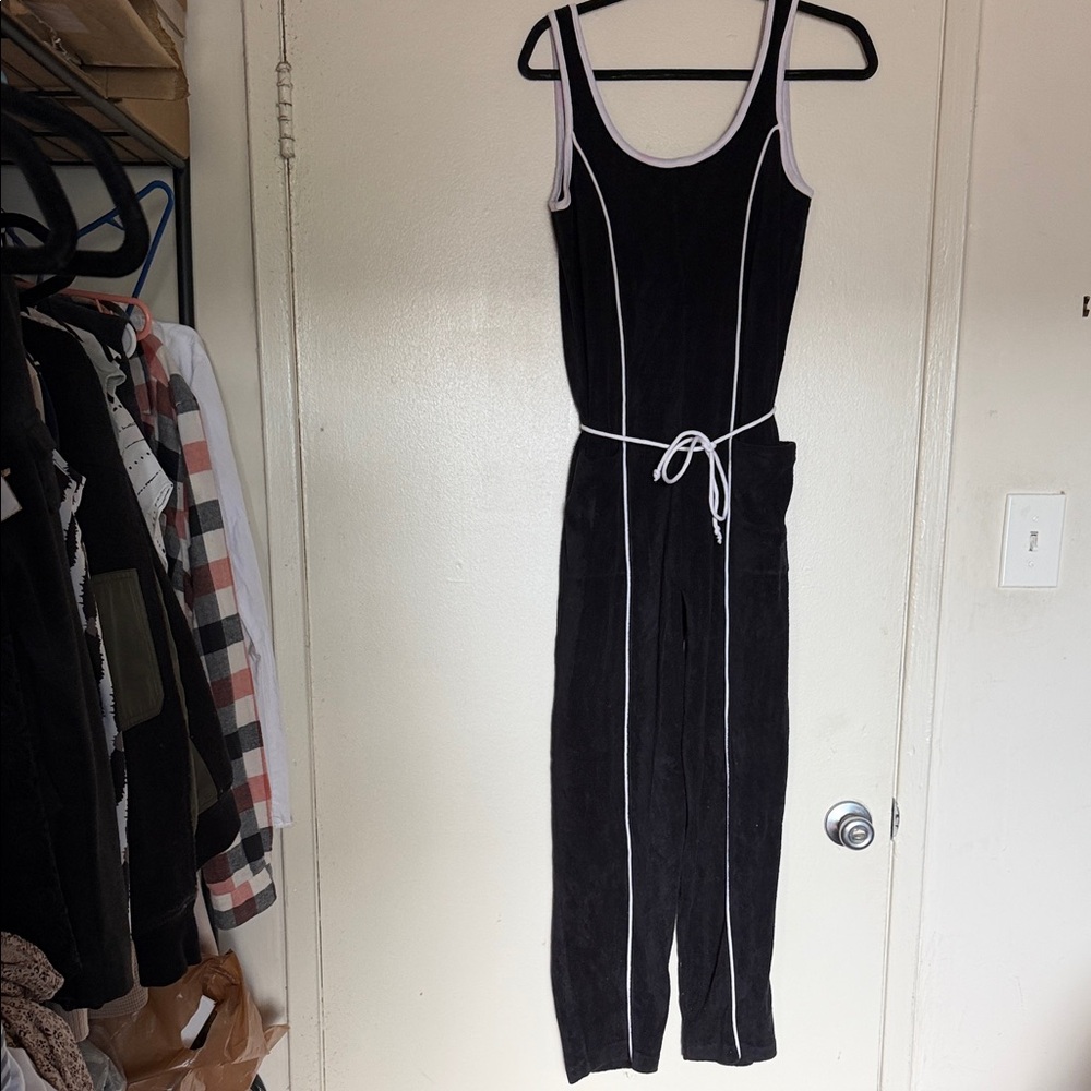 Women's S Black Sleeveless Jumpsuit with White Piping & Pockets